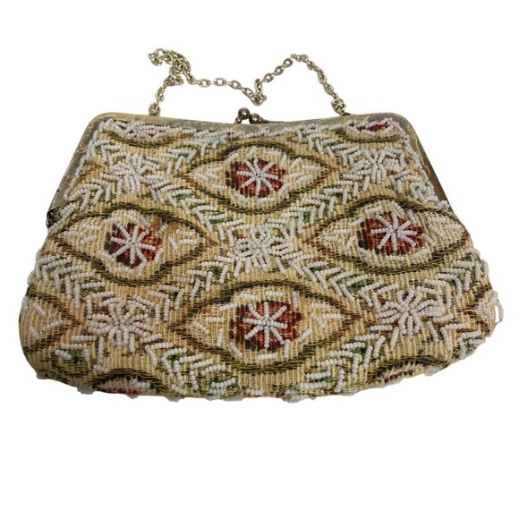 Vintage Floral Beaded Handbag Evening Bag Chain Strap Feminine Victorian Regency - Picture 4 of 10